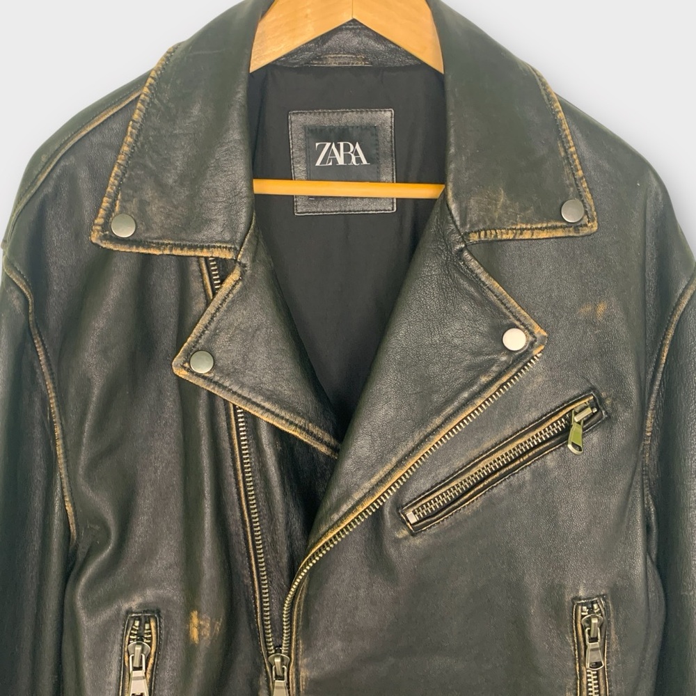 Zara Distressed Leather Biker Moto Jacket - Picture 4 of 16